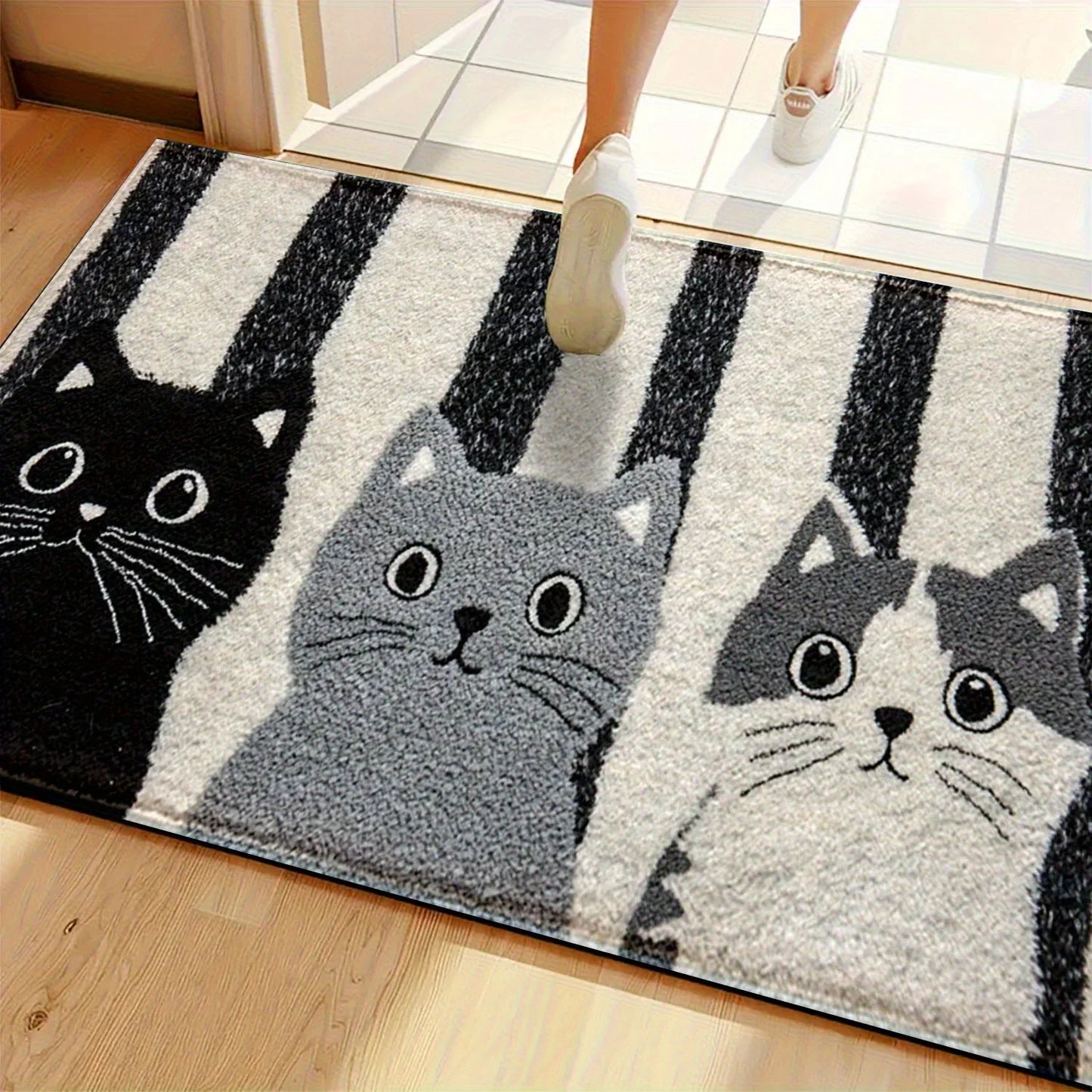 Deurmat Cartoon Katten PVC Zwart Wit Gestreept 60x90cm Antislip Waterdicht Vloermat Slaapkamer Woonkamer Hal Buitendeurmat