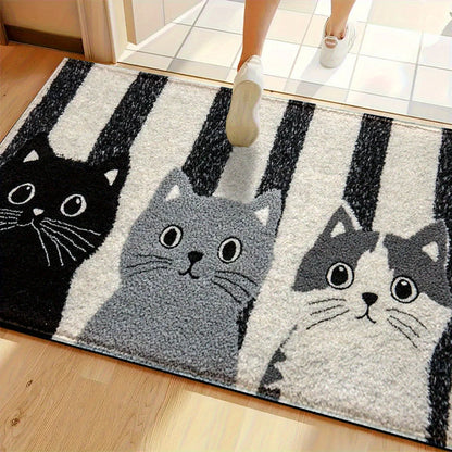 Deurmat Cartoon Katten PVC Zwart Wit Gestreept 60x90cm Antislip Waterdicht Vloermat Slaapkamer Woonkamer Hal Buitendeurmat