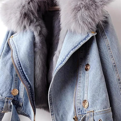 Dames Denim Jas Met Kunstbont Kraag