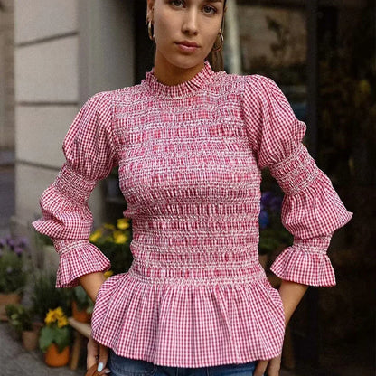 Vrouwen Blouse met Ruitjes en Ruches - StudioMarella