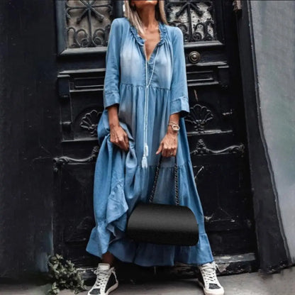 Maxi Jurk van Denim Stof Lange Mouw