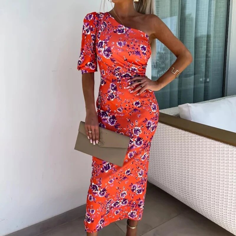 Vrouwelijke One-shoulder Jurk met Pofmouwen Elegante Stijl - StudioMarella
