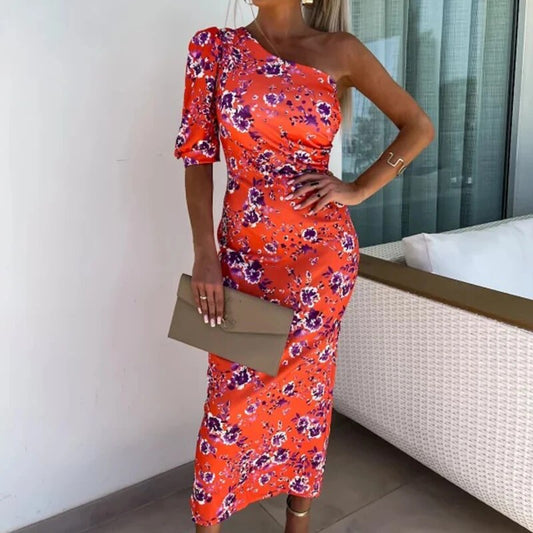 Vrouwelijke One-shoulder Jurk met Pofmouwen Elegante Stijl - StudioMarella