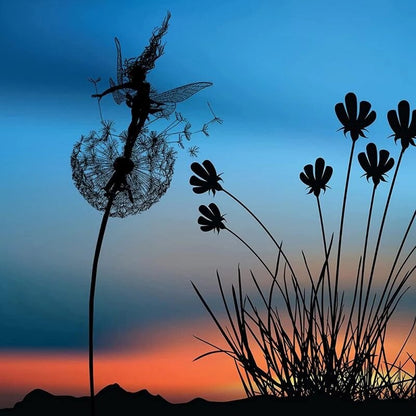 Metalen Tuinornament Fee met Paardenbloem 75cm Zwart Silhouet Gazon Decoratie Tuinsteker Miniatuur Tuin