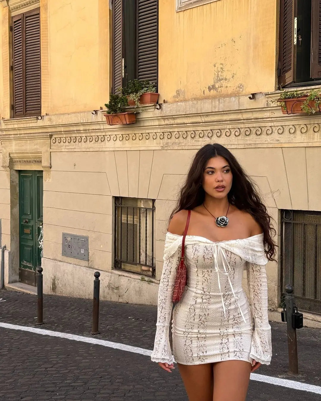 Off-Shoulder Maxi Jurk met Kant en Ruffles Elegante Vrouwelijke Stijl