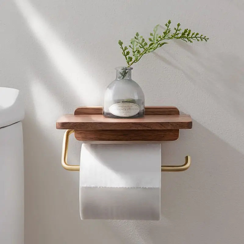 Toiletrolhouder Hout Walnoot Wandmontage Bruin Met Plank Badkamer Toilet Papierhouder Wandrek Minimalistisch Interieur