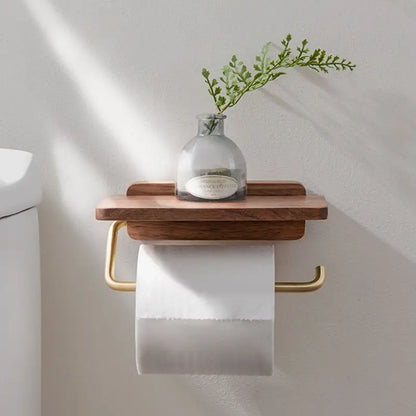 Toiletrolhouder Hout Walnoot Wandmontage Bruin Met Plank Badkamer Toilet Papierhouder Wandrek Minimalistisch Interieur