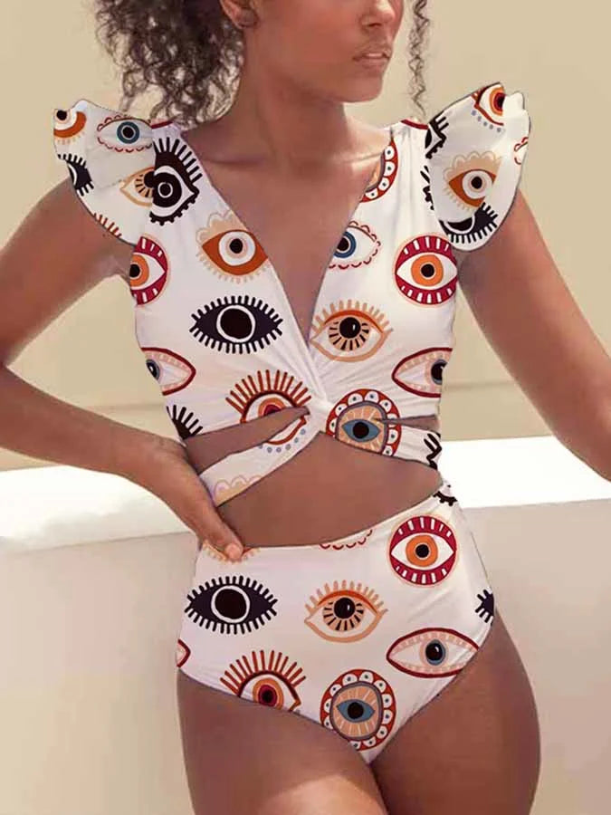 Vrouwelijke Bikini met Ruches en Leuke Ogen Print - StudioMarella