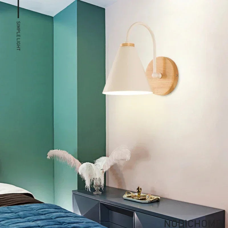 Scandinavische Wandlamp IJzer Hout Zwart Wit E27 LED Slaapkamer Woonkamer Bureau Minimalistisch Noordse Stijl