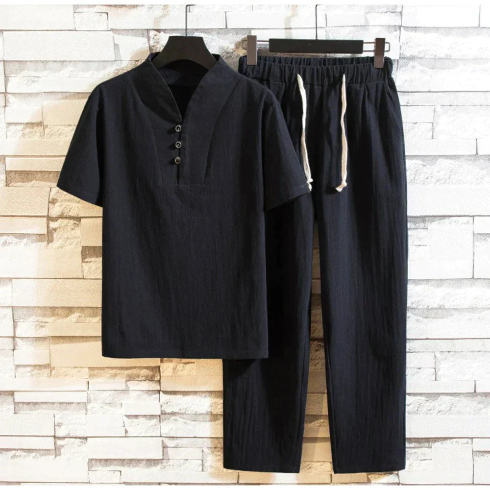 Heren Zomerset: Lichte Katoen T-shirt en Comfortabele Linnen Broek - StudioMarella