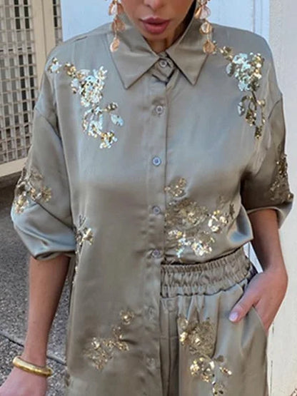 Zilveren Broek en Blouse Set voor Vrouw Glamour Look