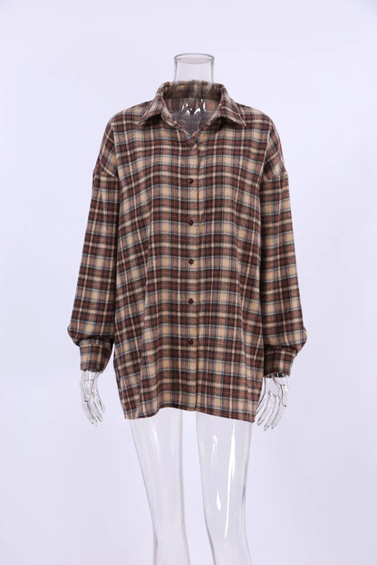 Dames Oversized Blouse Geruit Bruin met Knoopsluiting