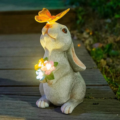 Zonne-energie Konijn Tuinbeeldje Hars 22,5cm LED Vlinder Solarlamp Tuin Terras Gazon Buitendecoratie Pasen Cadeau