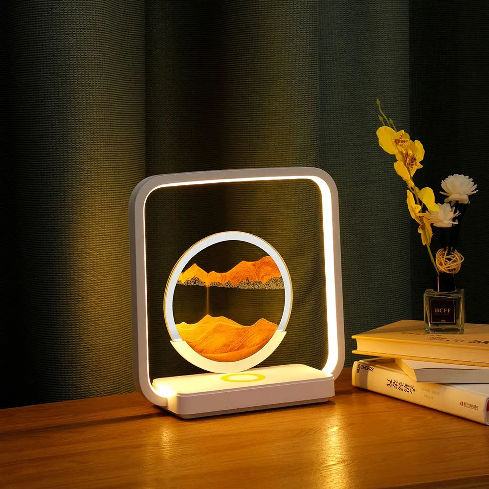 Zandkunst Nachtlamp met Draadloze Oplaadplek – Sierlijk Bewegend Zand & LED-Verlichting voor Slaapkamer Bureau Decoratie