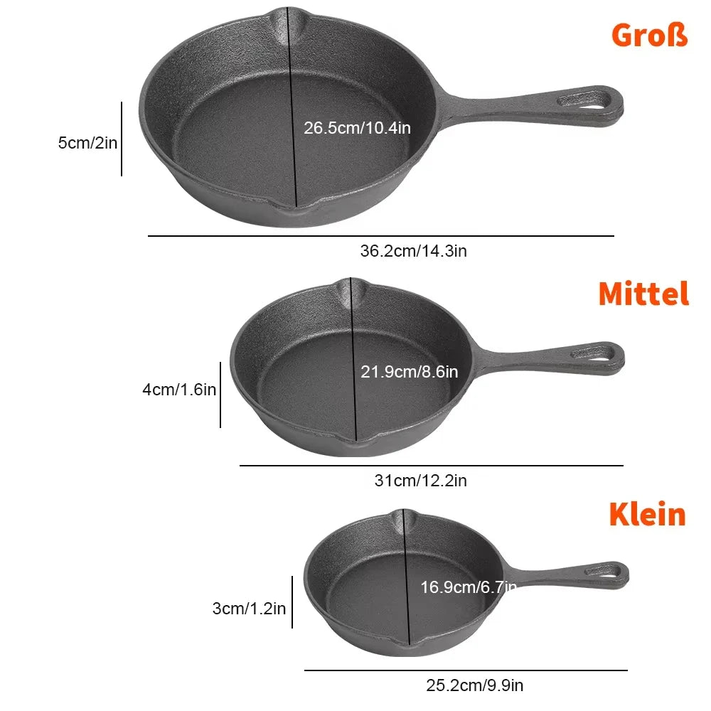Gietijzeren Koekenpannenset 3-delig 16-20-26cm Inductie Gasfornuis Ongecoat Braadpan Omeletpan Roerbakpan Zwart