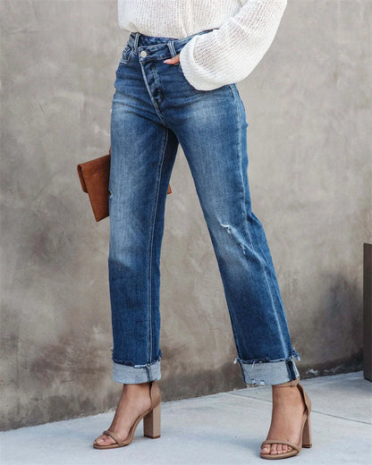 Hoge Taille Dames Jeans Rechte Broek Met Knoopsluiting