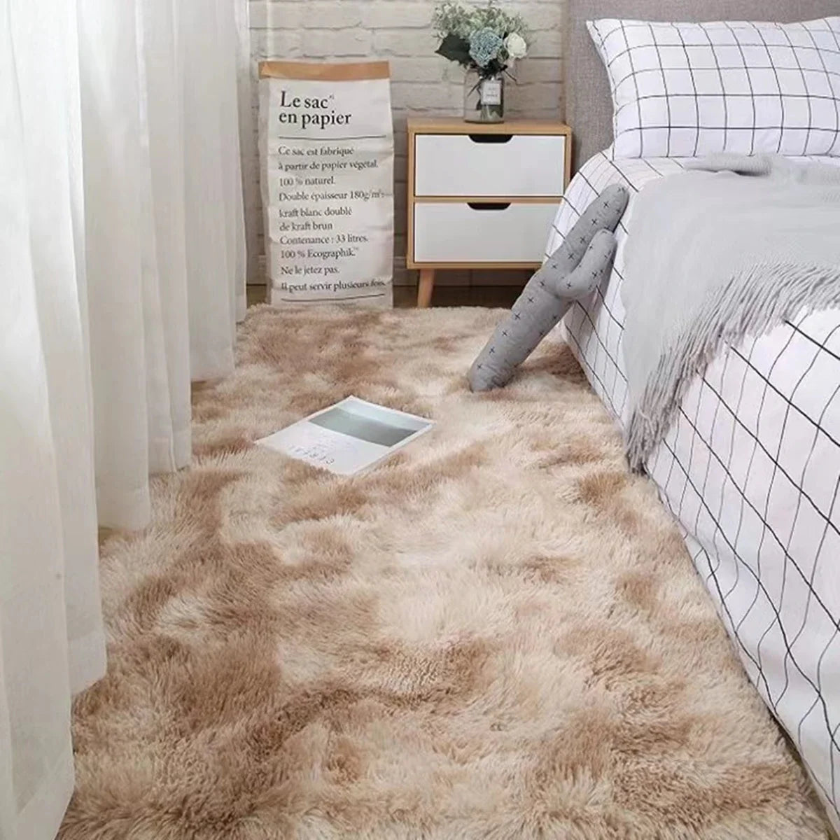 Fluffy Vloerkleed Microvezel Antislip Grijs Wit Bruin Slaapkamer Woonkamer Pluizig Tapijt Nachtkastje Shaggy Zacht