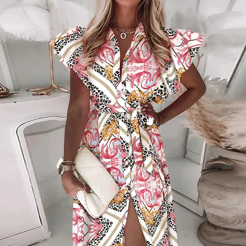 Zomerjurk V-Hals Korte Mouw Jurk met Knoopsluiting Print