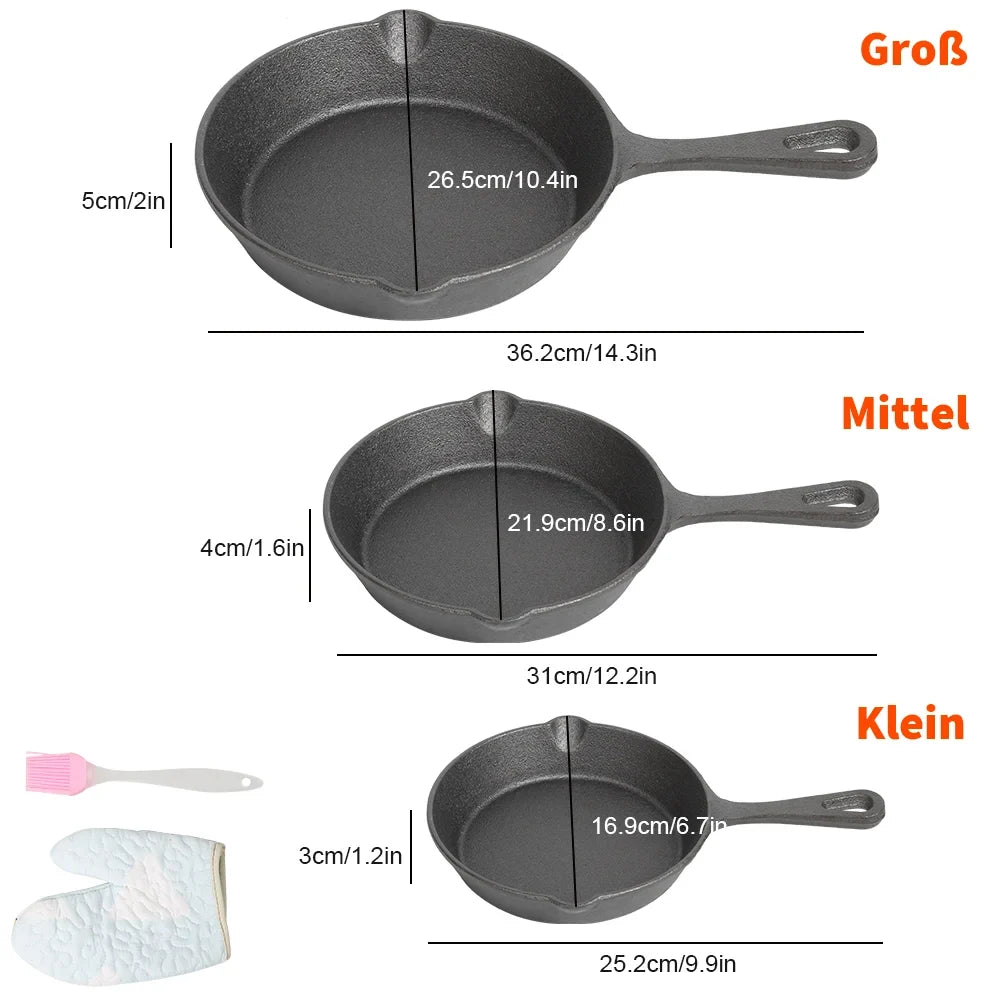 Gietijzeren Koekenpannenset 3-delig 16-20-26cm Inductie Gasfornuis Ongecoat Braadpan Omeletpan Roerbakpan Zwart