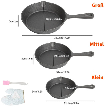 Gietijzeren Koekenpannenset 3-delig 16-20-26cm Inductie Gasfornuis Ongecoat Braadpan Omeletpan Roerbakpan Zwart