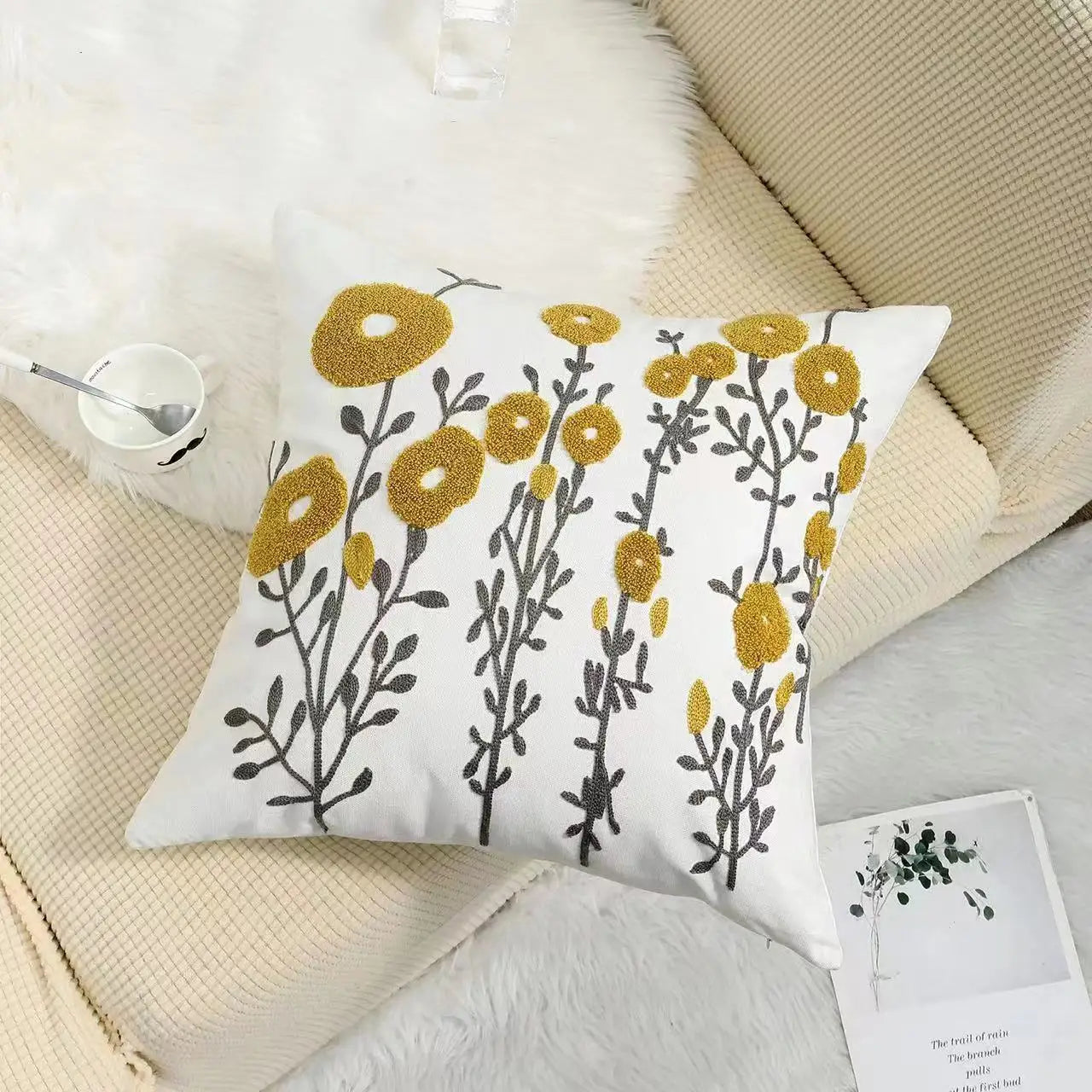 Kussenhoes 45x45cm Katoen Canvas Geborduurd Bloemen Wit Sierkussenhoes Bank Slaapkamer Landelijke Stijl Decoratief