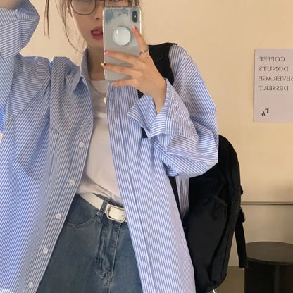 Dames Overhemd Blauw Gestreept Oversized Lange Mouwen