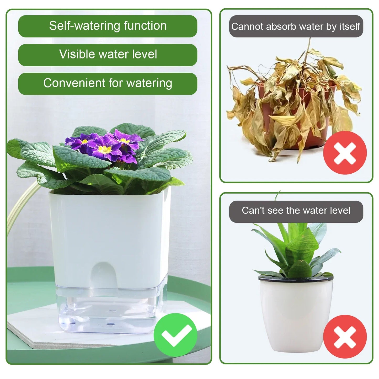 Zelfwaterende Bloempot Magnetisch Wit Kunststof Dubbeldeks Vensterbank Woonkamer Kantoor Plantenpot Hydrocultuur Binnen