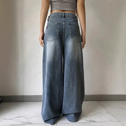 Dames Jeans Hoge Taille Breed Been Zwart/Blauw