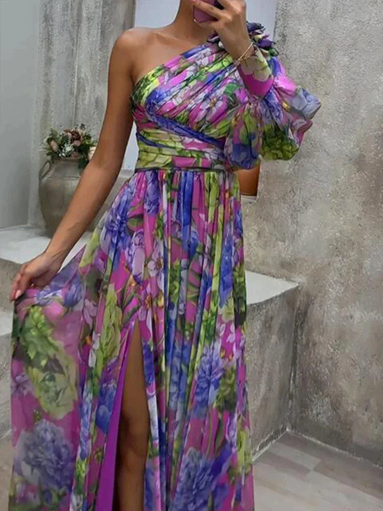 Paarse Maxi Jurk met Mouw en Zijsplit - StudioMarella