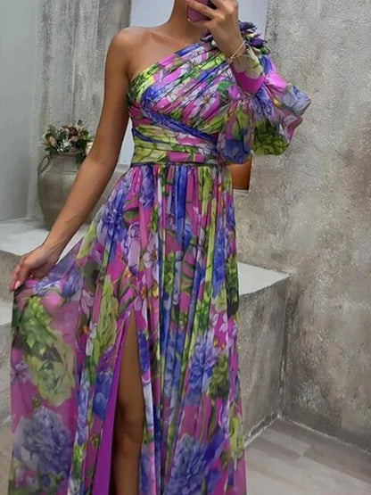 Paarse Maxi Jurk met Mouw en Zijsplit - StudioMarella