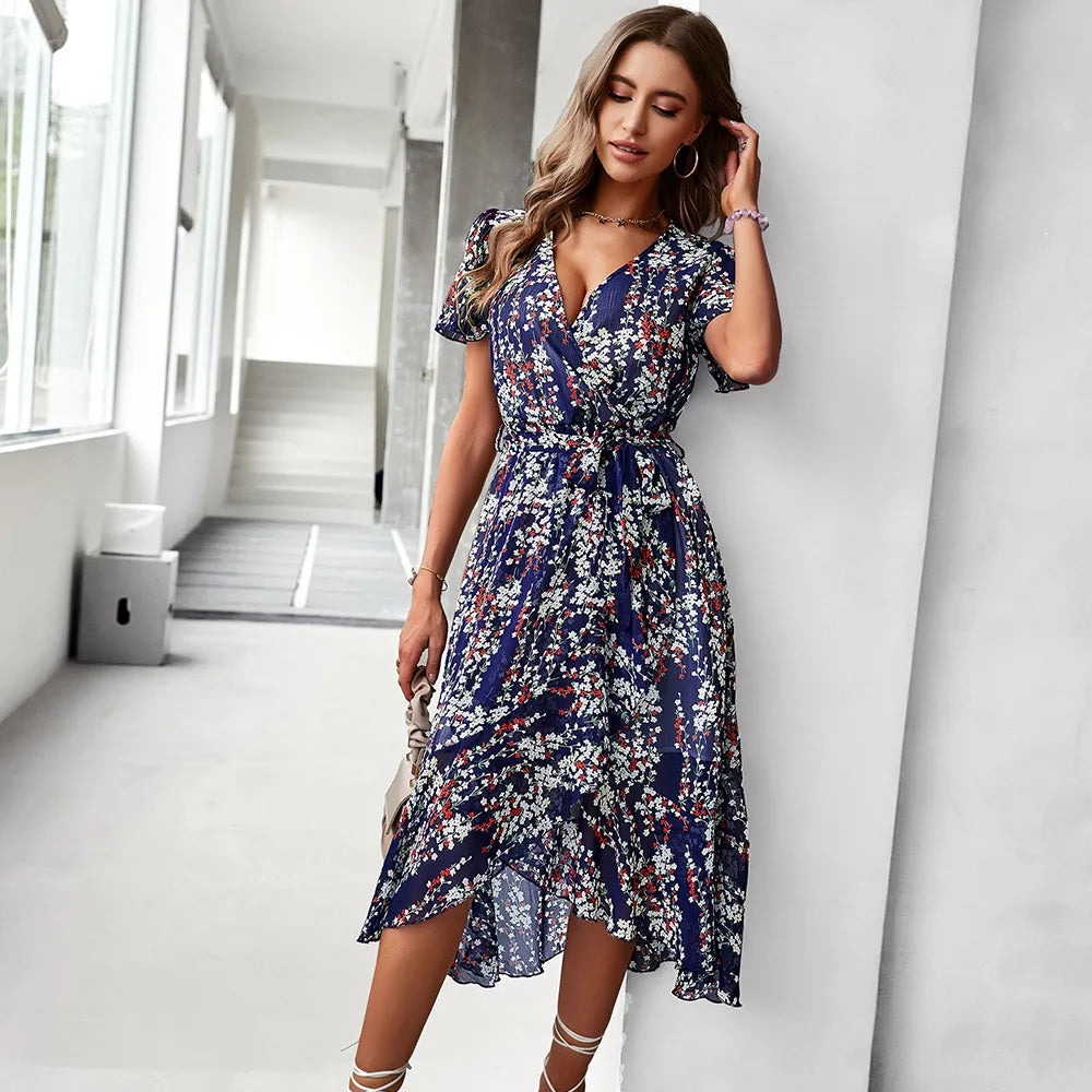 Dames Zomerjurk Korte Mouwen V-hals Mooi Model