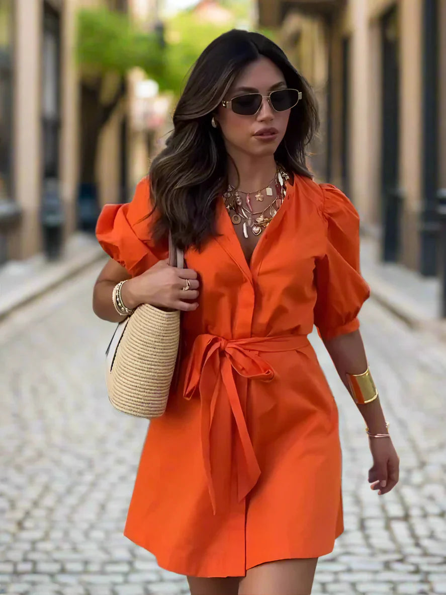 Oranje Zomerjurk Kort Damesjurk met Riem - StudioMarella