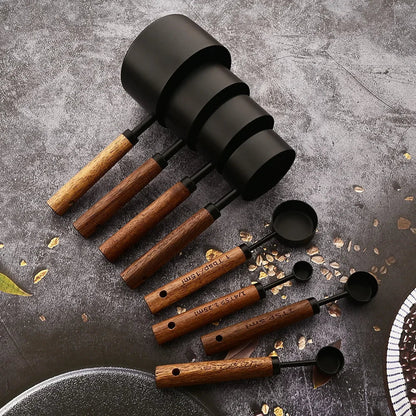 Maatlepels en Maatbekers Set RVS Eikenhout 8-delig Keuken Bakken Koken Precisie Meten Cup Set
