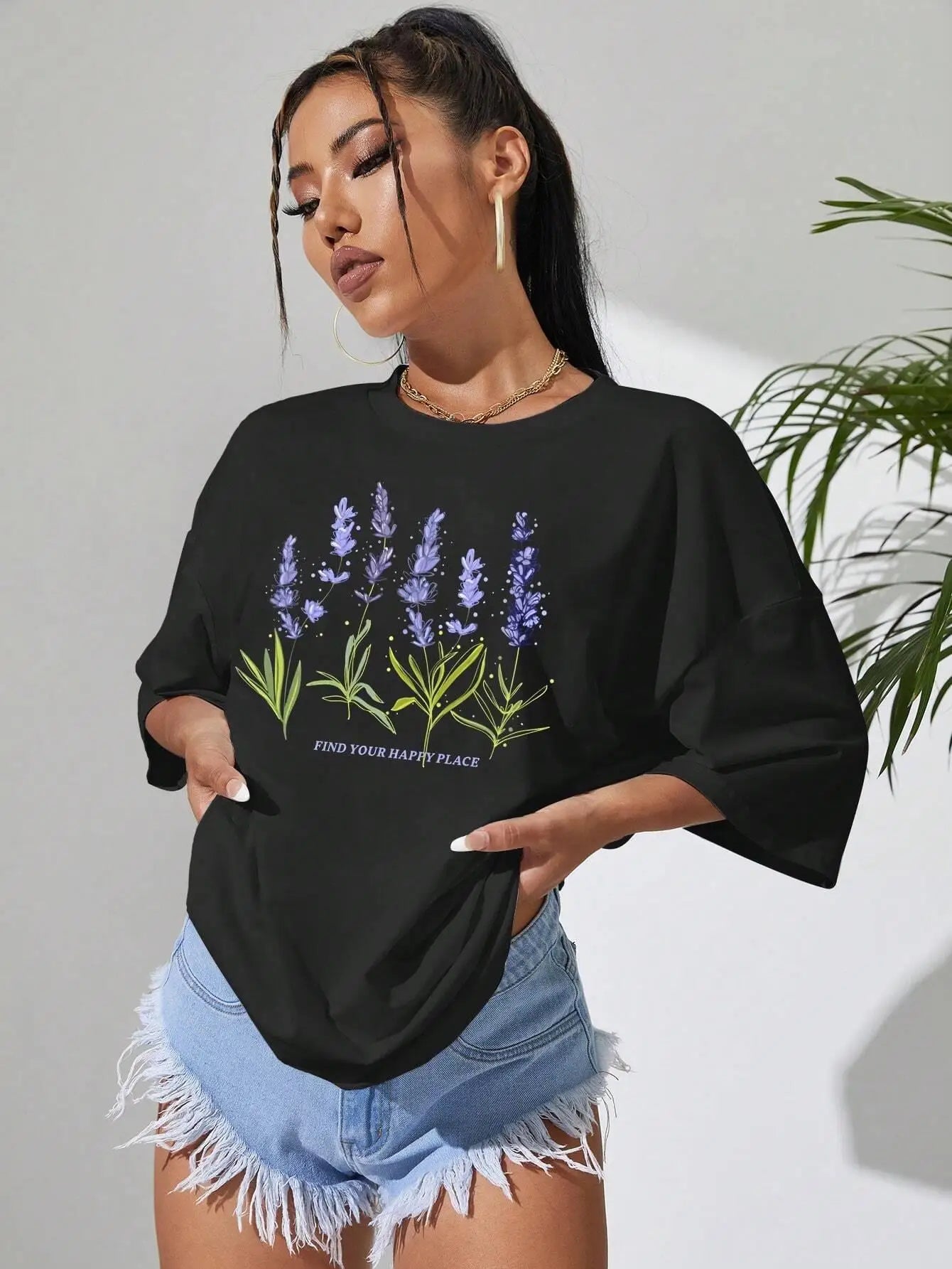 Vrouwelijke T-Shirt Lavendelprint Casual Katoen