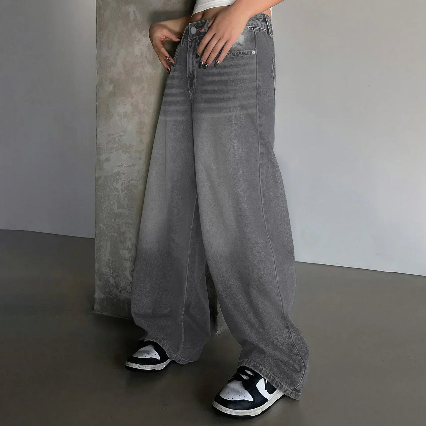 Dames High Waist Jeans Oversized Grijze Zwart Blauwe Kleuren