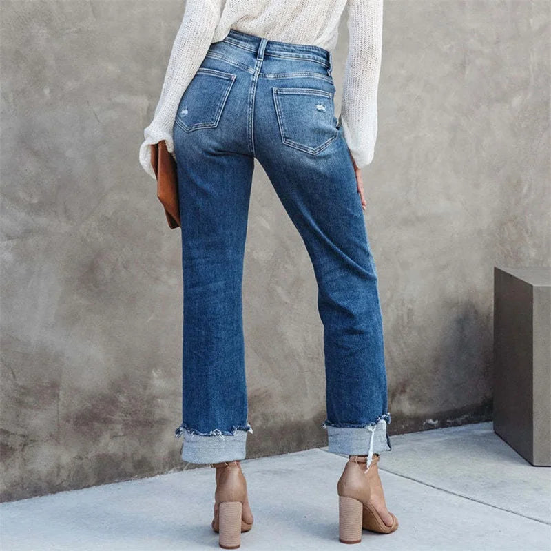 Hoge Taille Dames Jeans Rechte Broek Met Knoopsluiting