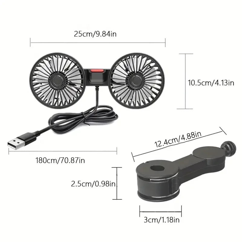 Draagbare Autoventilator met Dubbele Kop 360° Verstelbaar USB Oplaadbaar 3 Snelheden Hoofdsteun Nekkoeler voor Auto Huis Camper