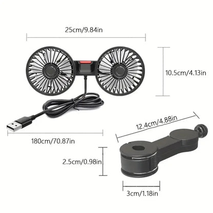 Draagbare Autoventilator met Dubbele Kop 360° Verstelbaar USB Oplaadbaar 3 Snelheden Hoofdsteun Nekkoeler voor Auto Huis Camper