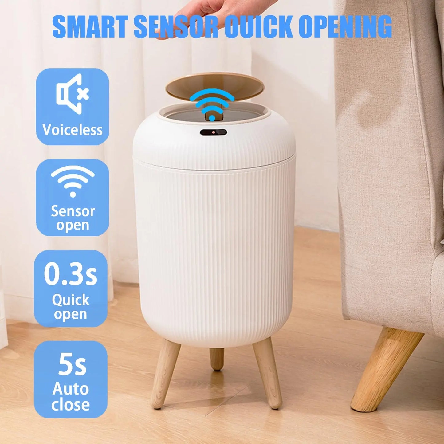 Prullenbak Sensor Automatisch 10L Wit Groen Zwart Houten Poten Woonkamer Badkamer 0,3s Infrarood Deksel Slimme Vuilnisbak Keuken