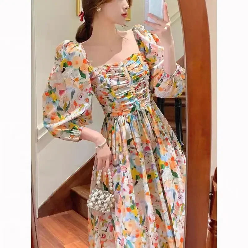 Bloemenjurk Franse Stijl Jurk met Korte Mouwen