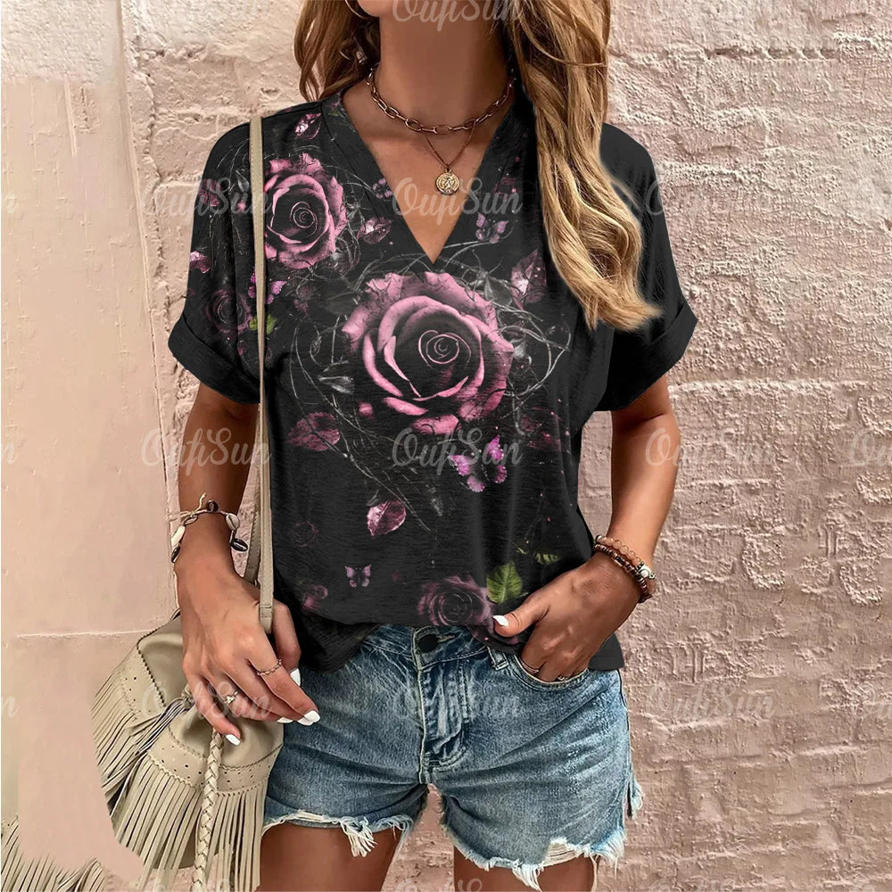Rozenprint T-shirt Zomer Vrouwelijk Rose Vibe