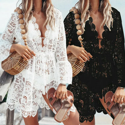 Boho V Neck Lace Dress | Abito da Spiaggia Elegante con Dettagli in Pizzo-5