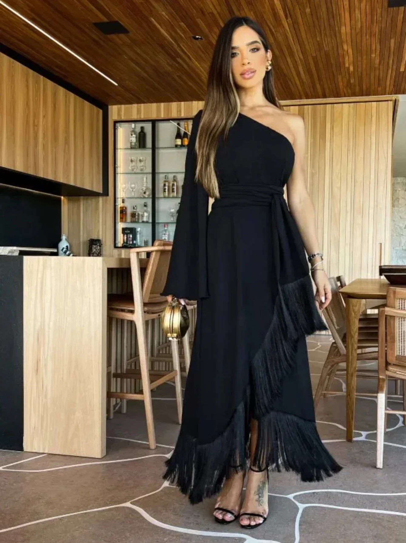 Elegante Avondjurk Een Schouder Jurk Met Split - StudioMarella