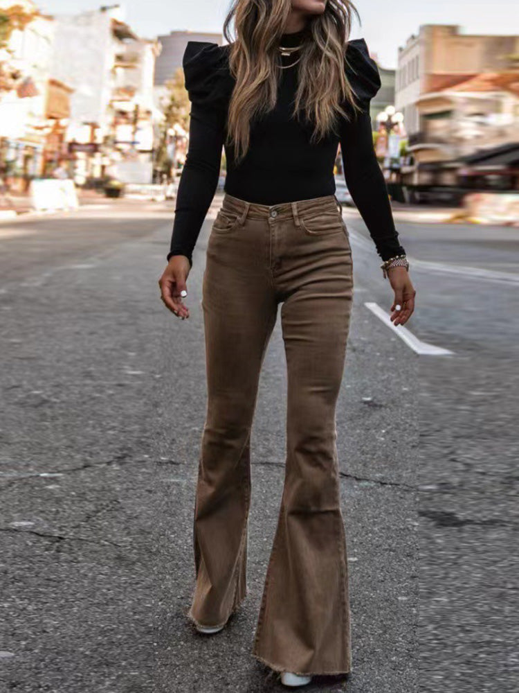 Hoge Damesbroek Flared Broek Zwart High Waist Stijl