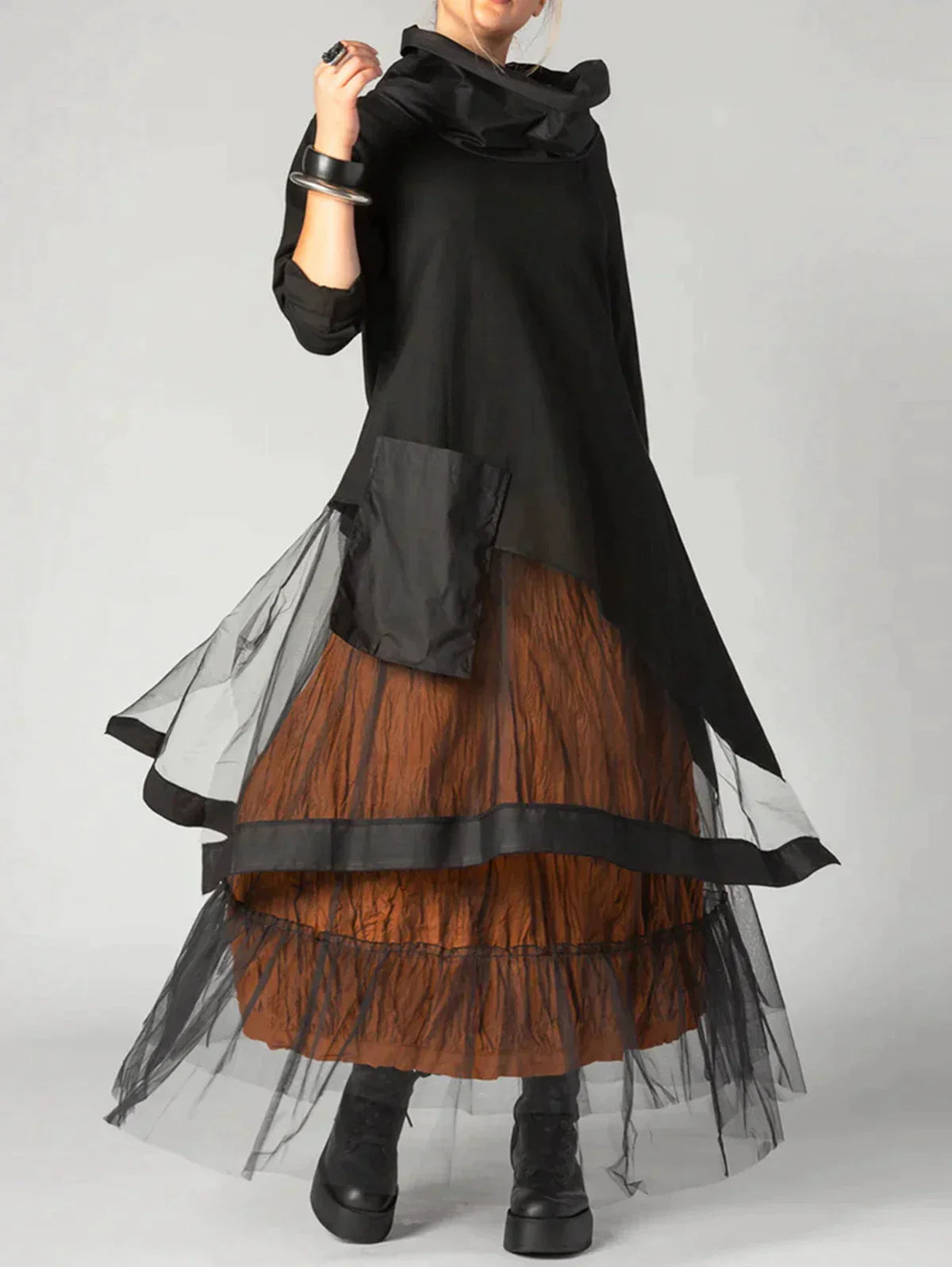 Jurk Lange Mouwen Ronde Hals Patchwork Boetiek Stijl - StudioMarella