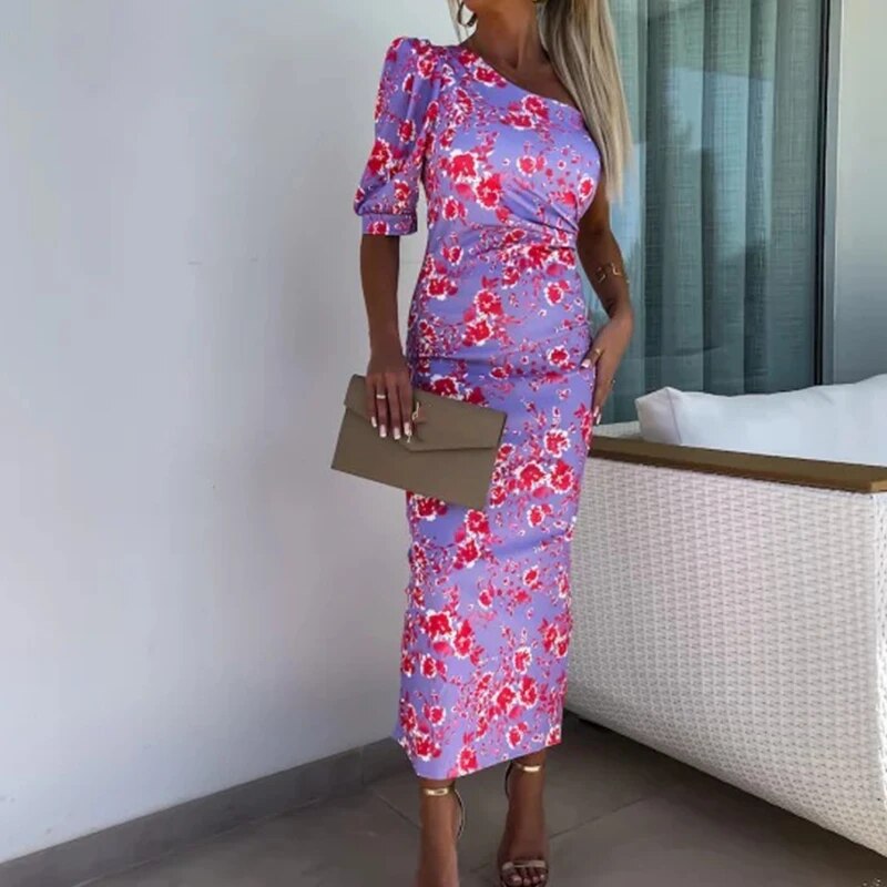 Vrouwelijke One-shoulder Jurk met Pofmouwen Elegante Stijl
