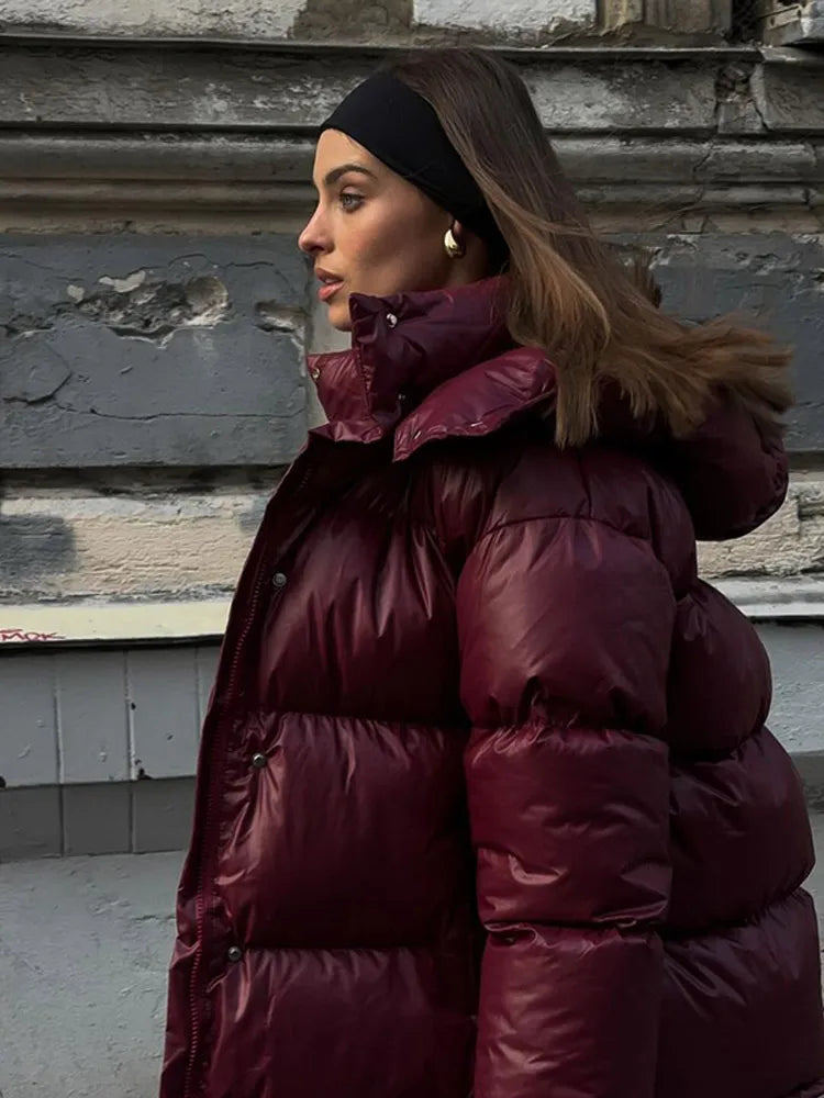 Dame Jas Gewatteerd Glanzend Zwart Elegante Stijl