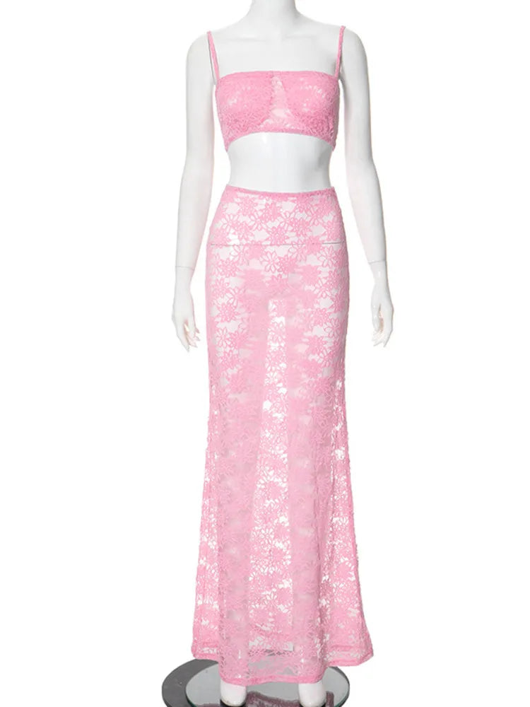 Vrouwelijke Kant Set met Maxi Rok Roze Fleur