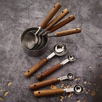 Rustiek Edelstalen Maatlepelset 8-Delig met Houten Handgrepen voor Keuken en Bakken