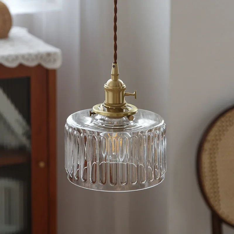 Retro Hanglamp Geribbeld Glas Koper Transparant Grijs E27 Woonkamer Eetkamer Slaapkamer Vintage Industrieel